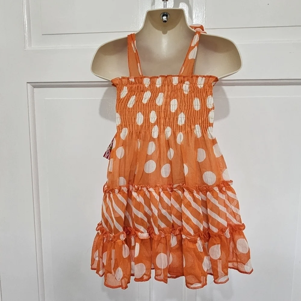 Lele For Kids Orange Polka Dot & Stripe Ruffled Summer Dress